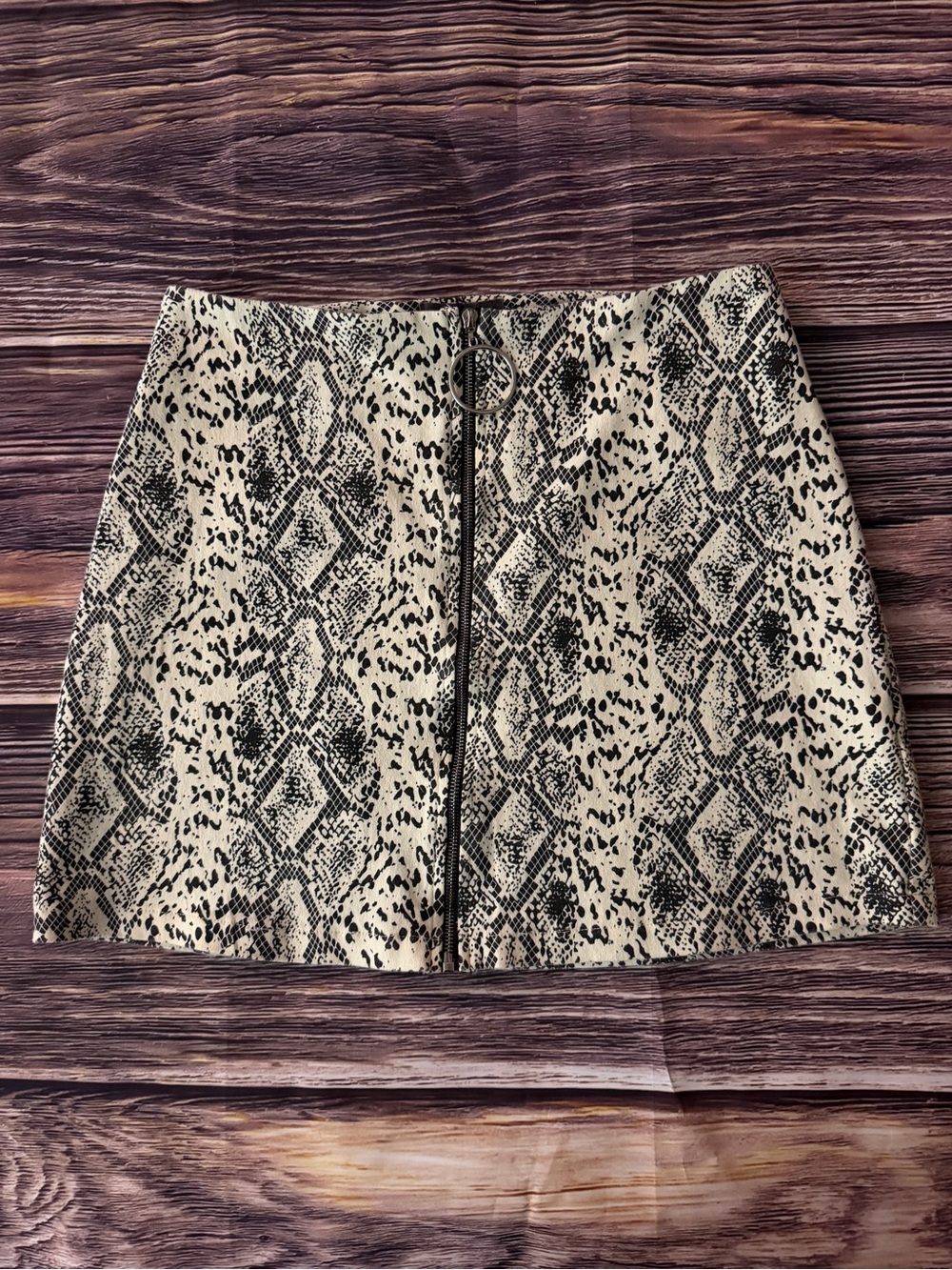 Sans Souci Black and Beige Snake-Print Zip Front Mini Skirt